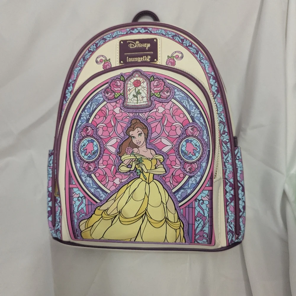 Disney Belle Loungefly Backpack with Stained Glass Background